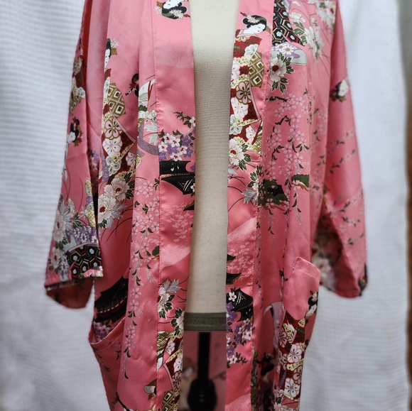 Vintage Made in Japan Bold Floral Kimono Dressing Gown Robe Coat OS Polyester - Picture 16 of 16